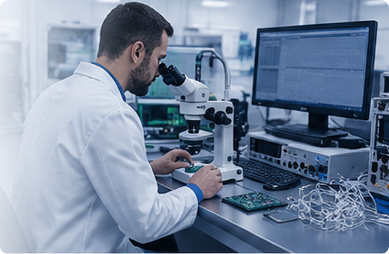 NR Sign laboratory technician working with neurological device components