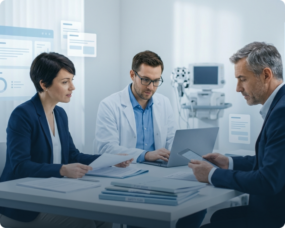 Clinical-trial specialists reviewing medical-device evidence