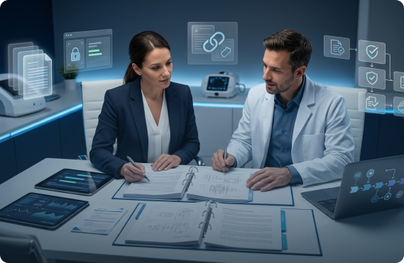Regulatory specialists reviewing an FDA IDE application