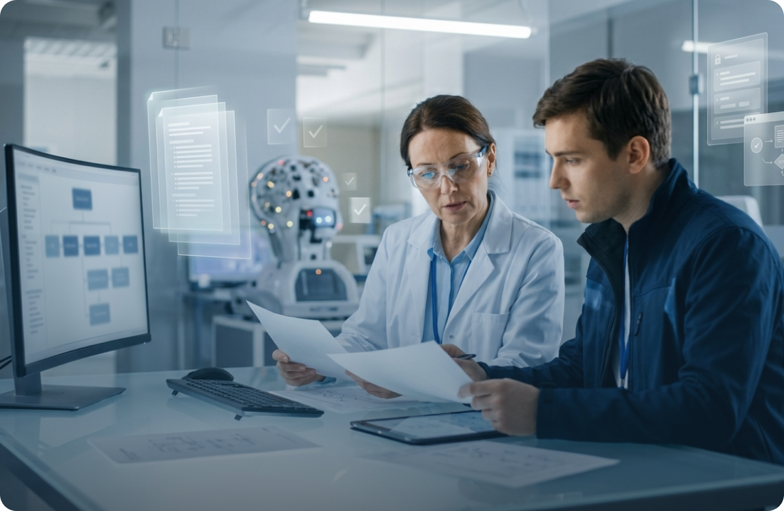 Medical device specialists reviewing quality documentation