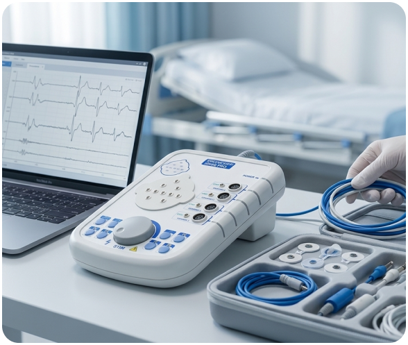 The PRO Portable EMG system beside its transport case and clinical laptop