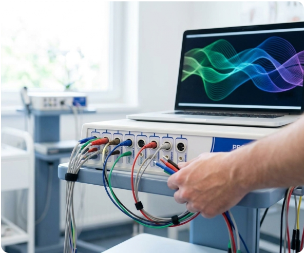 Clinician connecting electrodiagnostic inputs during setup