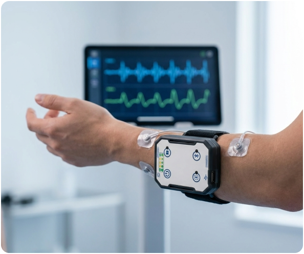 EMG and NIRS wearable device used during comfortable continuous monitoring