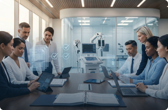 Medical-device regulatory team reviewing digital compliance documentation