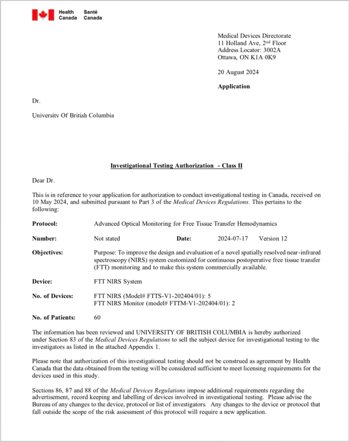 Health Canada investigational testing authorization approval letter